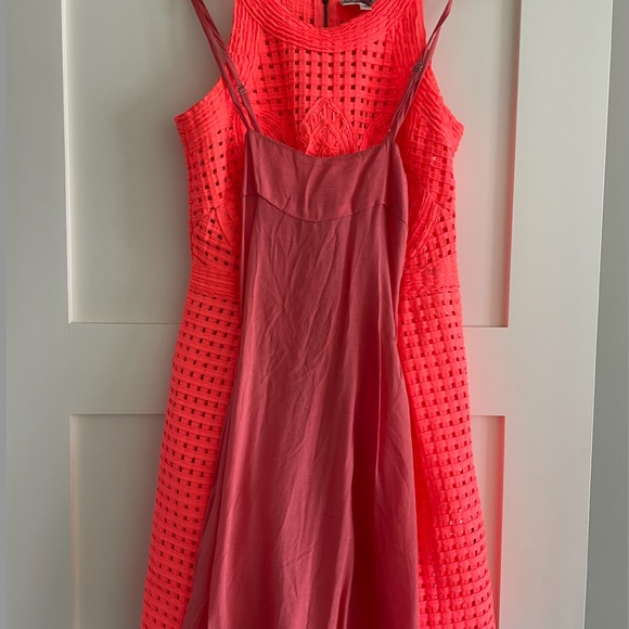 Anthropologie Bright Coral Crochet Detail Fit and Flare Dress | Size 0 - Picture 8 of 8